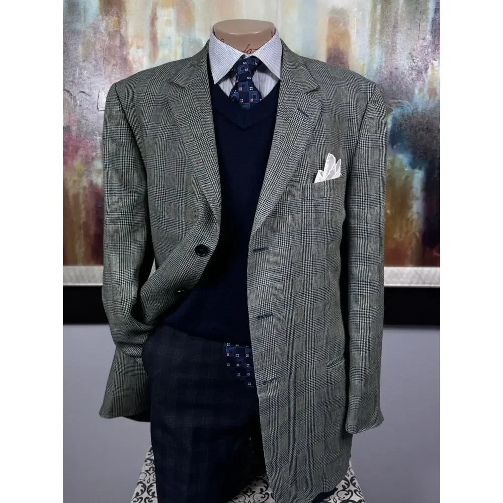 Ermenegildo Zegna Soft Blue Tan Glen Plaid Linen Wool Mohair Sport Coat 46R 56IT